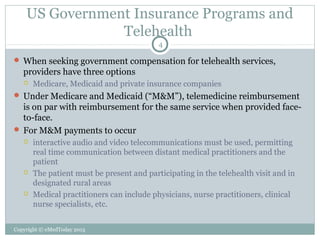 US Government Insurance Programs and
Telehealth
4

 When seeking government compensation for telehealth services,

providers have three options


Medicare, Medicaid and private insurance companies

 Under Medicare and Medicaid (“M&M”), telemedicine reimbursement

is on par with reimbursement for the same service when provided faceto-face.
 For M&M payments to occur






interactive audio and video telecommunications must be used, permitting
real time communication between distant medical practitioners and the
patient
The patient must be present and participating in the telehealth visit and in
designated rural areas
Medical practitioners can include physicians, nurse practitioners, clinical
nurse specialists, etc.

Copyright © eMedToday 2013

 