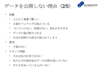 データを公開しない理由（2/5）
•

困難

•
•
•
•
•

•

大量のバックログを抱えている
ついていけない、時間がない、変化が早すぎる
データの量が膨大である
自分の時間の大部分が取られてしまう

費用

•
•

とにかく複雑で難しい

予算がない

スタッフ問題

•
•
•

それは私の仕事ではない
私の上司や政治家はデータ公開を望んでいない
やり方を知っている人がいない

 