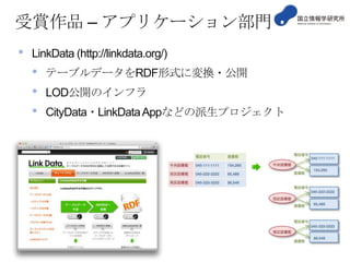 受賞作品 – アプリケーション部門
•

LinkData (http://linkdata.org/)

•
•
•

テーブルデータをRDF形式に変換・公開
LOD公開のインフラ
CityData・LinkData Appなどの派生プロジェクト

 
