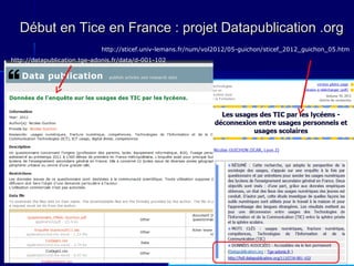 Début en Tice en France : projet Datapublication .org
http://sticef.univ-lemans.fr/num/vol2012/05-guichon/sticef_2012_guichon_05.htm
http://datapublication.tge-adonis.fr/data/d-001-102

23

 