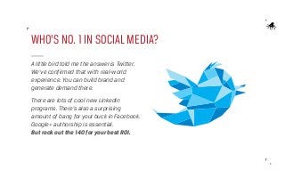 WHO’S NO. 1 IN SOCIAL MEDIA?
A little bird told me the answer is Twitter.
We’ve confirmed that with real-world
experience....