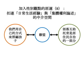 加入性別觀點的原運（II）：
扣連「日常生活經驗」與「集體權利論述」
的中介空間
我們用自
己的方式
來照顧孩
子

聯盟

部落互助
托育是原
住民自治
的一部分

 