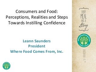 Consumers and Food:
Perceptions, Realities and Steps
Towards Instilling Confidence

Leann Saunders
President
Where Food Comes From, Inc.

 