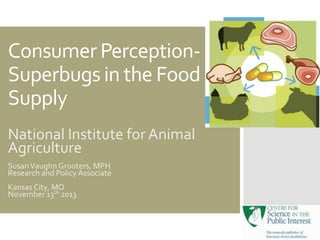 Consumer PerceptionSuperbugs in the Food
Supply
National Institute for Animal
Agriculture
Susan Vaughn Grooters, MPH
Research and Policy Associate
Kansas City, MO
November 13th 2013

 