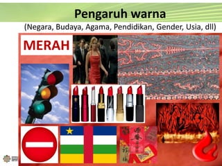 MERAH
Pengaruh warna
(Negara, Budaya, Agama, Pendidikan, Gender, Usia, dll)
 