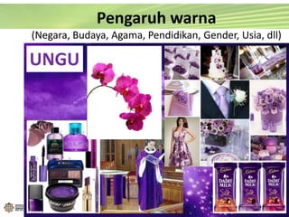 UNGU
Pengaruh warna
(Negara, Budaya, Agama, Pendidikan, Gender, Usia, dll)
 