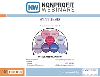 INTEGRATED PLANNING
www.synthesispartnership.com!
!
(617) 969-1881!
info@synthesispartnership.com!

Advising nonproﬁts in:!
•  Strategy!
•  Planning!
•  Organizational Development!
!

Part
Of:

Sponsored by:

 
