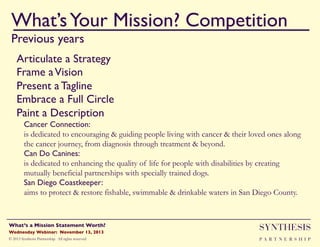 What’s Your Mission? Competition!
Previous years

""

Articulate a Strategy"
Frame a Vision"
Present a Tagline"
Embrace a Full Circle"
Paint a Description!
Cancer Connection:!
is dedicated to encouraging & guiding people living with cancer & their loved ones along
the cancer journey, from diagnosis through treatment & beyond.
Can Do Canines:!
is dedicated to enhancing the quality of life for people with disabilities by creating
mutually beneficial partnerships with specially trained dogs.
San Diego Coastkeeper:!
aims to protect & restore fishable, swimmable & drinkable waters in San Diego County.

""
Wednesday Webinar: November 13, 2013!

SYNTHESIS

© 2013 Synthesis Partnership. All rights reserved

PA R T N E R S H I P

What’s a Mission Statement Worth?!

!

 