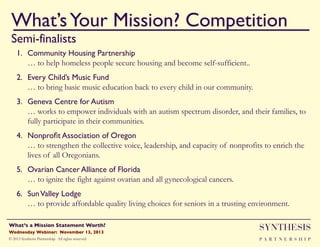 What’s Your Mission? Competition!
Semi-finalists

""

1. "Community Housing Partnership !
… to help homeless people secure housing and become self-sufficient..
2. "Every Child’s Music Fund
"!
… to bring basic music education back to every child in our community.
3. "Geneva Centre for Autism
"!
… works to empower individuals with an autism spectrum disorder, and their families, to
fully participate in their communities.
4. "Nonproﬁt Association of Oregon
"!
… to strengthen the collective voice, leadership, and capacity of nonprofits to enrich the
lives of all Oregonians.
5. "Ovarian Cancer Alliance of Florida
"!
… to ignite the fight against ovarian and all gynecological cancers.
6. "Sun Valley Lodge!
… to provide affordable quality living choices for seniors in a trusting environment.

Wednesday Webinar: November 13, 2013!

SYNTHESIS

© 2013 Synthesis Partnership. All rights reserved

PA R T N E R S H I P

What’s a Mission Statement Worth?!

!

 