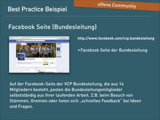 Best-Practice-Beispiel

Content-Plattform

Flickr
http://www.ﬂickr.com/vcp_de
• Flickr-Seite für Fotos von Events
• Langfr...