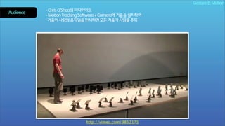 Gesture & Motion
Audience

- Chris O’Shea의 미디어아트
- Motion Tracking Software + Camera에 거울을 설치하여
거울이 사람의 움직임을 인식하면 모든 거울이 사람을 주목

http://vimeo.com/9852175

 