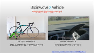 Brainwave X Vehicle
이제생각만으로운전이가능한시대가온다

헬멧을쓰고생각한대로기어가변속되는자전거

운전중집중도에따라움직이는자동차
http://www.youtube.com/watch?v=MLXMQCPiAic

 