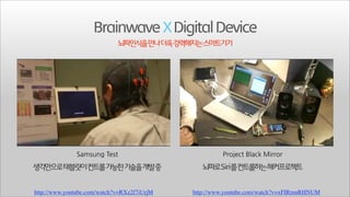 Brainwave X Digital Device
뇌파인식을만나더욱강력해지는스마트기기

생각만으로태블릿이컨트롤가능한기술을개발중
http://www.youtube.com/watch?v=RXz2f7iUrjM

뇌파로Siri를컨트롤하는해커프로젝트
http://www.youtube.com/watch?v=xFIRmnRHNUM

 
