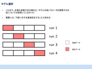 モデル選択
•

これまで、正規化係数や次元数など、モデルの超パラメータを調整する方
法については説明してこなかった

•

実際には、下図に示す交差検定をすることで求める

訓練データ

検定データ

 