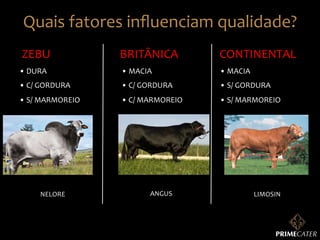 Quais	
  fatores	
  inﬂuenciam	
  qualidade?	
  
ZEBU	
  

BRITÂNICA	
  

CONTINENTAL	
  

• 	
  DURA	
  

• 	
  MACIA	
  

• 	
  MACIA	
  

• 	
  C/	
  GORDURA	
  

• 	
  C/	
  GORDURA	
  

• 	
  S/	
  GORDURA	
  

• 	
  S/	
  MARMOREIO	
  

• 	
  C/	
  MARMOREIO	
  

• 	
  S/	
  MARMOREIO	
  

NELORE	
  

ANGUS	
  

LIMOSIN	
  

 
