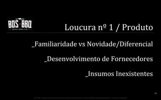 Loucura	
  nº	
  1	
  /	
  Produto	
  
_Familiaridade	
  vs	
  Novidade/Diferencial	
  
_Desenvolvimento	
  de	
  Fornecedores	
  
_Insumos	
  Inexistentes	
  
23	
  
BOS | BBQ – Barbecue Kitchen & Bar. A Primeira Barbecue House do Brasil – A venture by BWL Hospitality Management – Privado e Confidencial

 