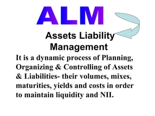 Assets Liability Management  ALM It is a dynamic process of Planning, Organizing & Controlling of Assets & Liabilities- their volumes, mixes, maturities, yields and costs in order to maintain liquidity and NII. 