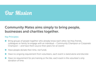 Our Mission
Community Mates aims simply to bring people,
businesses and charities together.
Key Principles:
l	 Bring groups of people together who already know each other, be they friends,
colleagues or family (ie engage with an individual – Community Champion or Corporate
Champion – and have them source their peers for an event)
l	 Have people donate their time, not funds
l	 Have no ongoing requirement from volunteers, each event is stand alone and discrete
l	 Have no requirement for pre training or the like, each event is the volunteer’s only
donation of time

 
