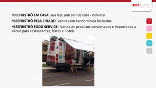  
• BEEFBISTRÔ	
  EM	
  CASA:	
  sua	
  loja	
  sem	
  sair	
  de	
  casa	
  -­‐	
  delivery	
  
• BEEFBISTRÔ	
  PELA	
  CIDADE:	
  	
  vendas	
  em	
  condomínios	
  fechados.	
  	
  
• BEEFBISTRÔ	
  FOOD	
  SERVICE:	
  	
  Venda	
  de	
  produtos	
  porcionados	
  e	
  importados	
  a	
  
vácuo	
  para	
  restaurantes,	
  bares	
  e	
  hotéis.	
  

	
  

	
  

 