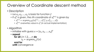 Accelerating Convergence in Coordinate Descent Python Sparse Matrices and Algorithm Optimization - Coordinate Descent method | PPT