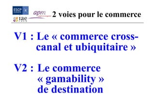 V1 : Le « commerce cross-
canal et ubiquitaire »
V2 : Le commerce
« gamability »
de destination
2 voies pour le commerce
 