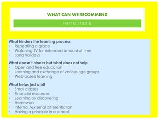 WHAT CAN WE RECOMMEND
HATTIE STUDIE

What hinders the learning process
• Repeating a grade
• Watching TV for extended amount of time
• Long holidays
What doesn‘t hinder but what does not help
• Open and free education
• Learning and exchange of various age groups
• Web-based learning
What helps just a bit
• Small classes
• Financial resources
• Learning by discovering
• Homework
• Internal /external differentiation
• Having a principle in a school

 