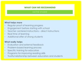 WHAT CAN WE RECOMMEND
HATTIE STUDIE

What helps more
• Regular proof of learning progress
• Engagement before starting with school
• Teacher centered instructions – direct instructions
• Real time of learning
• Additional offer of strong students
What really helps
• Evaluation and external feedback
• Problem-based learning process
• Specific training for educators
• Programs for improving reading skills
• Trustful relationship between educators and students

 