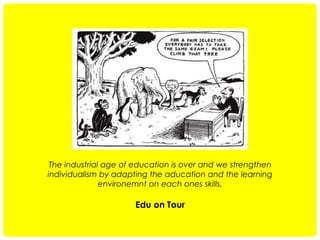 The industrial age of education is over and we strengthen
individualism by adapting the aducation and the learning
environemnt on each ones skills.

Edu on Tour

 