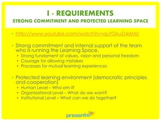 I - REQUIREMENTS
STRONG COMMITMENT AND PROTECTED LEARNING SPACE

• http://www.youtube.com/watch?v=quYDkuD4dMU
• Strong commitment and internal support of the team
who is running the Learning Space.
• Strong fundament of values, vision and personal freedom
• Courage for allowing mistakes
• Processes for mutual learning experiences

• Protected learning environment (democratic principles
and cooperation)
• Human Level – Who am I?
• Organizational Level – What do we want?
• Institutional Level – What can we do together?

 