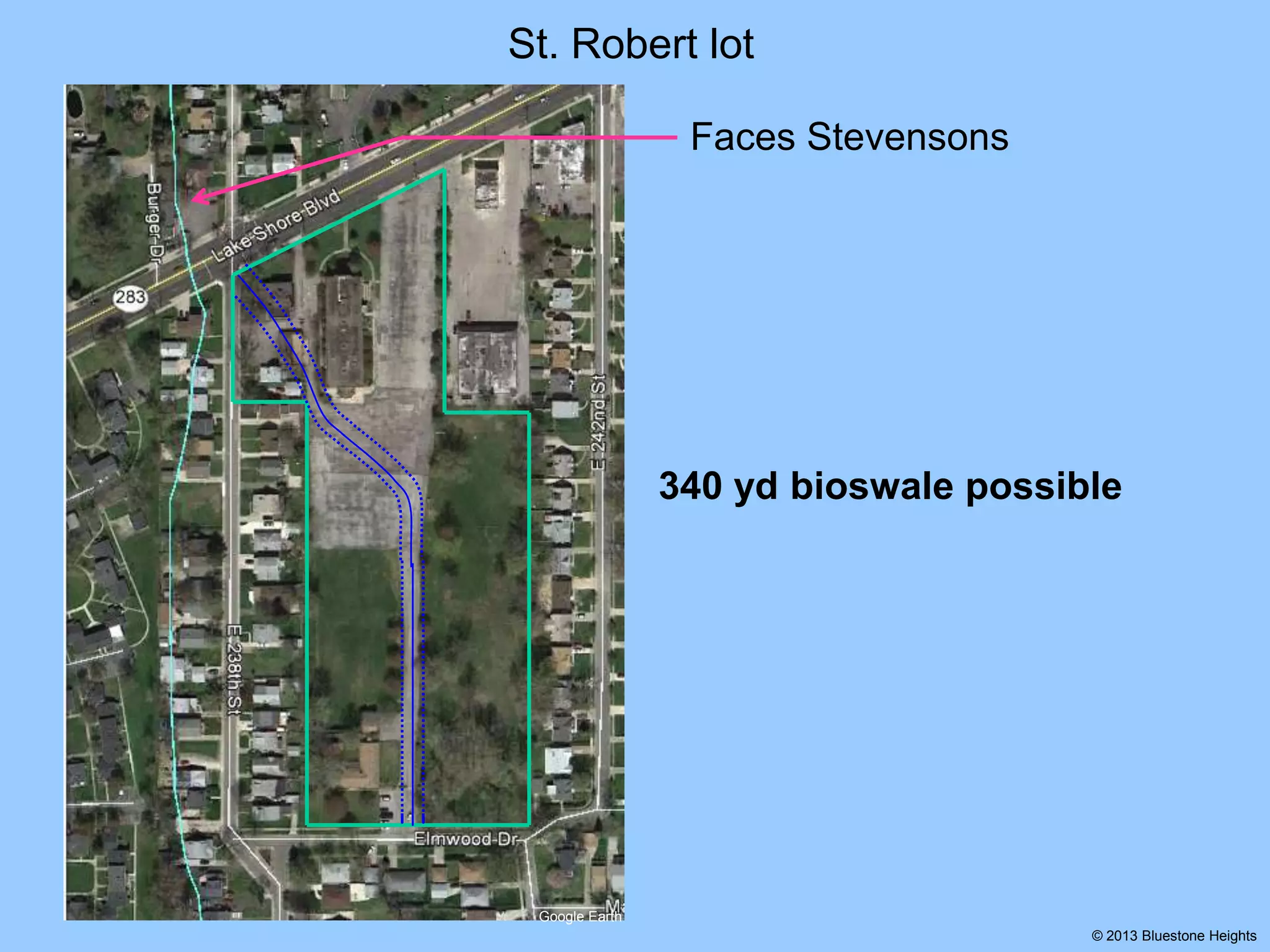 St. Robert lot
Faces Stevensons

340 yd bioswale possible

Google Earth
© 2013 Bluestone Heights

 