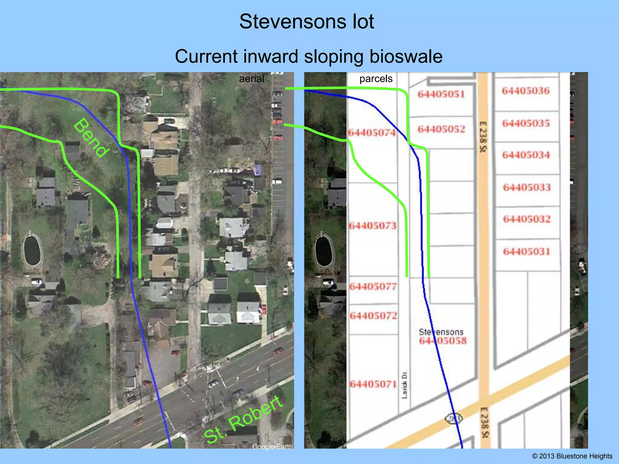 Stevensons lot
Current inward sloping bioswale
aerial

parcels

Google Earth
© 2013 Bluestone Heights

 