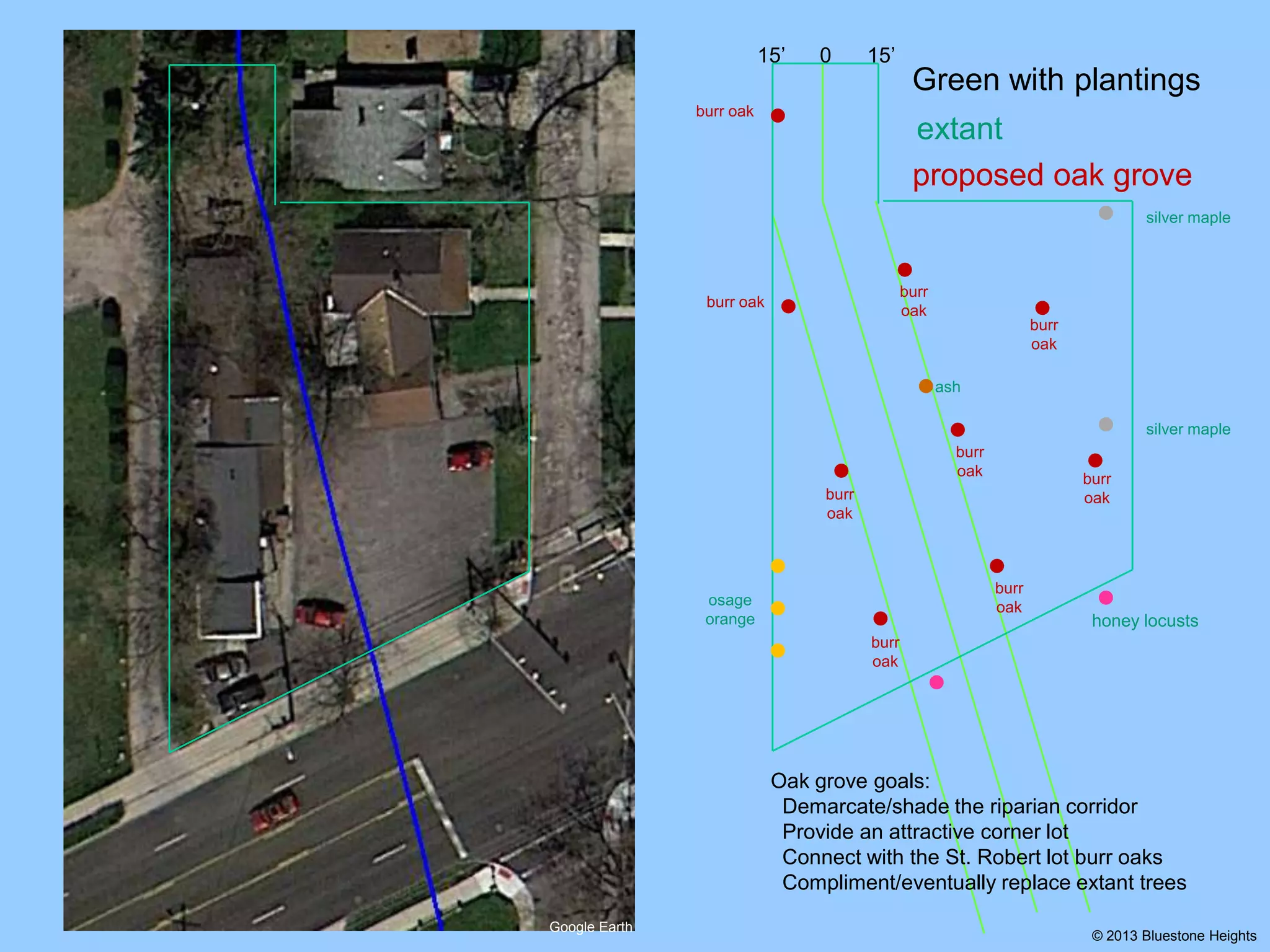 15’

0

15’

Green with plantings
burr oak

extant
proposed oak grove
silver maple

burr
oak

burr oak

burr
oak
ash
silver maple
burr
oak

burr
oak

burr
oak

burr
oak

osage
orange

honey locusts

burr
oak

Oak grove goals:
Demarcate/shade the riparian corridor
Provide an attractive corner lot
Connect with the St. Robert lot burr oaks
Compliment/eventually replace extant trees
Google Earth

© 2013 Bluestone Heights

 