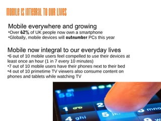 Mobile is Integral to our Lives
Mobile everywhere and growing

•Over 62% of UK people now own a smartphone
•Globally, mobile devices will outnumber PCs this year

Mobile now integral to our everyday lives

•6 out of 10 mobile users feel compelled to use their devices at
least once an hour (1 in 7 every 10 minutes)
•7 out of 10 mobile users have their phones next to their bed
•4 out of 10 primetime TV viewers also consume content on
phones and tablets while watching TV

 