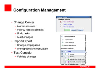 Configuration Management

• Change Center
  •   Atomic sessions
  •   View & resolve conflicts
  •   Undo tasks
  •   Audit changes
• Import/Export
  • Change propagation
  • Workspace synchronization
• Test Console
  • Validate changes
 