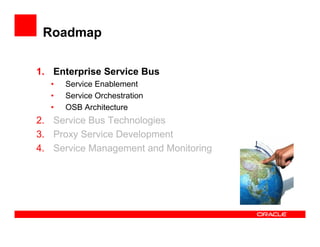 Roadmap

1. Enterprise Service Bus
  •   Service Enablement
  •   Service Orchestration
  •   OSB Architecture
2. Service Bus Technologies
3. Proxy Service Development
4. Service Management and Monitoring
 