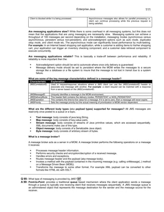 Enterprise Java                                                             111

       Client is blocked while it is being processed.                 Asynchronous messages also allows for parallel processing i.e.
                                                                      client can continue processing while the previous request is
                                                                      being satisfied.


      Are messaging applications slow? While there is some overhead in all messaging systems, but this does not
      mean that the applications that are using messaging are necessarily slow. Messaging systems can achieve a
      throughput of 100 messages per second depending on the installation, messaging modes (synchronous versus
      asynchronous, persistent versus non-persistent), and acknowledgment options such as auto mode, duplicates
      okay mode, and client mode etc. The asynchronous mode can significantly boost performance by multi-tasking.
      For example: In an Internet based shopping cart application, while a customer is adding items to his/her shopping
      cart, your application can trigger an inventory checking component, and a customer data retrieval component to
      execute concurrently.

      Are messaging applications reliable? This is basically a trade-off between performance and reliability. If
      reliability is more important then the:

             Acknowledgment option should be set to automode where once only delivery is guaranteed
             Message delivery mode should be set to persistent where the MOM writes the messages to a secure
             storage like a database or a file system to insure that the message is not lost in transit due to a system
             failure.

      What are some of the key message characteristics defined in a message header?
       Characteristic    Explanation
       JMSCorrelationID      Used in request/response situations where a JMS client can use the JMSCorrelationID header to
                             associate one message with another. For example: a client request can be matched with a response
                             from a server based on the JMSCorrelationID.

       JMSMessageID          Uniquely identifies a message in the MOM environment.
       JMSDeliveryMode       This header field contains the delivery modes: PERSISTENT or NON_PERSISTENT.
       JMSExpiration         This contains the time-to-live value for a message. If it is set to zero, then a message will never expire.
       JMSPriority           Sets the message priority but the actual meaning of prioritization is MOM vendor dependent.


      What are the different body types (aka payload types) supported for messages? All JMS messages are
      read-only once posted to a queue or a topic.

             Text message: body consists of java.lang.String.
             Map message: body consists of key-value pairs.
             Stream message: body consists of streams of Java primitive values, which are accessed sequentially.
             XML documents make use of this type.
             Object message: body consists of a Serializable Java object.
             Byte message: body consists of arbitrary stream of bytes.

      What is a message broker?

      A message broker acts as a server in a MOM. A message broker performs the following operations on a message
      it receives:

             Processes message header information.
             Performs security checks and encryption/decryption of a received message.
             Handles errors and exceptions.
             Routes message header and the payload (aka message body).
             Invokes a method with the payload contained in the incoming message (e.g. calling onMessage(..) method
             on a Message Driven Bean (MDB)).
             Transforms the message to some other format. For example XML payload can be converted to other
             formats like HTML etc with XSLT.


Q 90: What type of messaging is provided by JMS? SF
A 90: Point-to-Point: provides a traditional queue based mechanism where the client application sends a message
      through a queue to typically one receiving client that receives messages sequentially. A JMS message queue is
      an administered object that represents the message destination for the sender and the message source for the
      receiver.
 