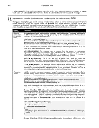 112                                                     Enterprise Java


      Publish/Subscribe: is a one-to-many publishing model where client applications publish messages to topics,
      which are in turn subscribed by other interested clients. All subscribed clients will receive each message.


Q 91: Discuss some of the design decisions you need to make regarding your message delivery? SF DC
A 91:
      During your design phase, you should carefully consider various options or modes like message acknowledgment
      modes, transaction modes and delivery modes. For example: for a simple approach you would not be using
      transactions and instead you would be using acknowledgment modes. If you need reliability then the delivery
      mode should be set to persistent. This can adversely affect performance but reliability is increased.

       Design           Explanation
       decision
       Message          Acknowledgement mode and transaction modes are used to determine if a message will be lost or
       acknowledgm      re-delivered on failure during message processing by the target application. Acknowledgment
       ent options or   modes are set when creating a JMS session.
       modes.
                        InitialContext ic = new InitialContext(…);
                        QueueConnectionFactory qcf = (QueueConnectionFactory)ic.lookup(“AccountConnectionFactory”);
                        QueueConnection qc = qcf.createQueueConnection();
                        QueueSession session = qc.createQueueSession(false, Session.AUTO_ACKNOWLEDGE);

                        the above code sample, the transaction mode is set to false and acknowledgment mode is set to auto
                         mode. Let us look at acknowledgment modes:

                        AUTO_ACKNOWLEDGE: The messages sent or received from the session are automatically
                        acknowledged. This mode also guarantees once only delivery. If a failure occurs while executing
                        onMessage() method of the destination MDB, then the message is re-delivered. A message is
                        automatically acknowledged when it successfully returns from the onMessage(…) method.

                        DUPS_OK_ACKNOWLEDGE: This is just like AUTO_ACKNOWLEDGE mode, but under rare
                        circumstances like during failure recovery messages might be delivered more than once. If a failure occurs
                        then the message is re-delivered. This mode has fewer overheads than AUTO_ACKNOWLEDGE mode.

                        CLIENT_ACKNOWLEDGE: The messages sent or received from sessions are not automatically
                        acknowledged. The destination application must acknowledge the message receipt. This mode gives an
                        application full control over message acknowledgment at the cost of increased complexity. This can be
                        acknowledged by invoking the acknowledge() method on javax.jms.Message class.

        Transaction     In JMS, a transaction organizes a message or a group of messages into an atomic processing unit. So, if a
        modes           message delivery is failed, then the failed message may be re-delivered. Calling the commit() method
                        commits all the messages the session receives and calling the rollback method rejects all the messages.

                        InitialContext ic = new InitialContext(…);
                        QueueConnectionFactory qcf = (QueueConnectionFactory)ic.lookup(“AccountConnectionFactory”);
                        QueueConnection qc = qcf.createQueueConnection();
                        QueueSession session = qc.createQueueSession(true, -1);

                        In the above code sample, the transaction mode is set to true and acknowledgment mode is set to -1,
                        which means acknowledgment mode has no use in this mode. Let us look at transaction modes:

                        Message Driven Bean (MDB) with container managed transaction demarcation: An MDB participates
                        in a container transaction by specifying the transaction attributes in its deployment descriptor. A transaction
                        automatically starts when the JMS provider removes the message from the destination and delivers it to
                        the MDB’s onMessage(…) method. Transaction is committed on successful completion of the onMessage()
                        method. A MDB can notify the container that a transaction should be rolled back by setting the
                        MessageDrivenContext to setRollBackOnly(). When a transaction is rolled back, the message is re-
                        delivered.

                        public void onMessage(Message aMessage) {
                           …
                           If(someCondtionIsTrue) {
                               mdbContext.setRollbackOnly();
                          }
                           else{
                            //everything is good. Transaction will be committed automatically on completion of onMessage(..)
                             method.
                          }
                        }

                        Message Driven Bean (MDB) with bean managed transaction demarcation: A MDB chooses not to
 