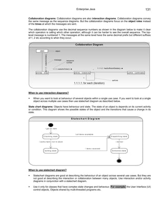 Enterprise Java                                                                                               131

Collaboration diagrams: Collaboration diagrams are also interaction diagrams. Collaboration diagrams convey
the same message as the sequence diagrams. But the collaboration diagrams focus on the object roles instead
of the times at which the messages are sent.

The collaboration diagrams use the decimal sequence numbers as shown in the diagram below to make it clear
which operation is calling which other operation, although it can be harder to see the overall sequence. The top-
level message is numbered 1. The messages at the same level have the same decimal prefix but different suffixes
of 1, 2 etc according to when they occur.

                                                                      Collaboration Diagram

           client                            object
                    1.1 : makeAnOrder()




                                           message        sequence
                                                          number


                                          1.1.1: makeAnOrder()                                             1.1.1.2 : hasSufficientDetails()
                                                                                                    *
      anOrder : Order                                                anEntry : OrderEntry                                                                   confirm : Confirmation


                                                                                   1
                                                                                                                               self-link
                                                                     1.1.1.1: for each (iteration)


When to use interaction diagrams?

    When you want to look at behaviour of several objects within a single use case. If you want to look at a single
    object across multiple use cases then use statechart diagram as described below.

State chart diagrams: Objects have behaviour and state. The state of an object is depends on its current activity
or condition. This diagram shows the possible states of the object and the transitions that cause a change in its
state.

                                                                 S t a t e c h a r t D ia g r a m



                       / g e t a n it e m


                                                                      / a ll ite m s a v a ila b le
                C h e c k in g s ta te                                                                                       D is p a tc h in g s t a t e


          / s o m e it e m s n o t in s t o c k                                                                                      / d e liv e r



                                                                                       / it e m s r e c e iv e d
                    w a itin g s t a t e                                                                                       D e liv e r e d s t a t e




When to use statechart diagram?

    Statechart diagrams are good at describing the behaviour of an object across several use cases. But they are
    not good at describing the interaction or collaboration between many objects. Use interaction and/or activity
    diagrams in conjunction with a statechart diagram.

    Use it only for classes that have complex state changes and behaviour. For example: the User Interface (UI)
    control objects, Objects shared by multi-threaded programs etc.
 