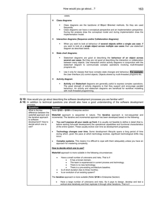 How would you go about…?                                                             163

                                             cases.

                                     Class diagrams:

                                             Class diagrams are the backbone of Object Oriented methods. So they are used
                                             frequently.
                                             Class diagrams can have a conceptual perspective and an implementation perspective.
                                             During the analysis draw the conceptual model and during implementation draw the
                                             implementation model.

                                     Interaction diagrams (Sequence and/or Collaboration diagrams):

                                             When you want to look at behaviour of several objects within a single use case. If
                                             you want to look at a single object across multiple use cases then use statechart
                                             diagram as described below.

                                     State chart diagrams:

                                             Statechart diagrams are good at describing the behaviour of an object across
                                             several use cases. But they are not good at describing the interaction or collaboration
                                             between many objects. Use interaction and/or activity diagrams in conjunction with the
                                             statechart diagram to communicate complex operations involving multi-threaded
                                             programs etc.

                                             Use it only for classes that have complex state changes and behaviour. For example:
                                             the User Interface (UI) control objects, Objects shared by multi-threaded programs etc.

                                     Activity diagram:

                                             Activity and Statechart diagrams are generally useful to express complex operations.
                                             The great strength of activity diagrams is that they support and encourage parallel
                                             behaviour. An activity and statechart diagrams are beneficial for workflow modelling
                                             with multi threaded programming.



Q 10: How would you go about describing the software development processes you are familiar with?
A 10: In addition to technical questions one should also have a good understanding of the software development
      process.
       Question                 Answer
       What is the key          Refer Q103 – Q105 in Enterprise section
       difference between the
       waterfall approach and   Waterfall approach is sequential in nature. The iterative approach is non-sequential and
       the iterative approach   incremental. The iterative and incremental approach has been developed based on the following:
       to software
       development? How to      •   You can't express all your needs up front. It is usually not feasible to define in detail (that is,
       decide which one to          before starting full-scale development) the operational capabilities and functional characteristics
       use?                         of the entire system. These usually evolve over time as development progresses.

                                •   Technology changes over time. Some development lifecycle spans a long period of time
                                    during which, given the pace at which technology evolves, significant technological shifts may
                                    occur.

                                •   Complex systems. This means it is difficult to cope with them adequately unless you have an
                                    approach for mastering complexity.

                                How to decide which one to use?

                                Waterfall approach is more suitable in the following circumstances:

                                     •    Have a small number of unknowns and risks. That is if
                                                •    It has a known domain.
                                                •    The team is experienced in current process and technology.
                                                •    There is no new technology.
                                                •    There is a pre-existing architecture baseline.
                                     •    Is of short duration (two to three months).
                                     •    Is an evolution of an existing system?

                                The iterative approach is more suitable (Refer Q136 in Enterprise Section)

                                    •    Have a large number of unknowns and risks. So it pays to design, develop and test a
                                         vertical slice iteratively and then replicate it through other iterations. That is if
 