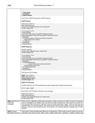208                                           How would you go about…?

                          ...
                          ...
                         </soap:Fault>
                        </soap:Body>
                        </soap:Envelope>

                        Let’s look at a SOAP request and a SOAP response:

                        SOAP Request:

                        POST /Price HTTP/1.1
                        Host: www.mysite.com
                        Content-Type: application/soap+xml; charset=utf-8
                        Content-Length: 300

                        <?xml version="1.0"?>
                        <soap:Envelope
                        xmlns:soap="http://www.w3.org/2001/12/soap-envelope"
                        soap:encodingStyle="http://www.w3.org/2001/12/soap-encoding">
                        <soap:Body>
                         <m:GetPrice xmlns:m="http://www.mysite.com/prices">
                           <m:Item>PlasmaTV</m:Item>
                         </m:GetPrice>
                        </soap:Body>
                        </soap:Envelope>

                        SOAP Response:

                        HTTP/1.1 200 OK
                        Content-Type: application/soap; charset=utf-8
                        Content-Length: 200

                        <?xml version="1.0"?>
                        <soap:Envelope
                        xmlns:soap="http://www.w3.org/2001/12/soap-envelope"
                        soap:encodingStyle="http://www.w3.org/2001/12/soap-encoding">
                        <soap:Body>
                         <m:GetPriceResponse
                                   xmlns:m="http://www.mysite.com/prices">
                            <m:Price>3500.00</m:Price>
                         </m:GetPriceResponse>
                        </soap:Body>
                        </soap:Envelope>

                        Lets look at a HTTP header:

                        POST /Price HTTP/1.1
                        Host: www.mysite.com
                        Content-Type: text/plain
                        Content-Length: 200

                        SOAP HTTP Binding

                        A SOAP method is an HTTP request/response that complies with the SOAP encoding rules.

                        HTTP + XML = SOAP

                        Let’s look at a HTTP header containing a soap message:

                        POST /Price HTTP/1.1
                        Host: www.mysite.com
                        Content-Type: application/soap+xml; charset=utf-8
                        Content-Length: 200

WSDL (Web Services      WSDL stands for Web Service Description Language. A WSDL document is an XML document that describes
Description             how the messages are exchanged. Let’s say we have created a Web service. Who is going to use that and
Language)               how does the client know which method to invoke and what parameters to pass? There are tools that can
                        generate WSDL from the Web service. Also there are tools that can read a WSDL document and create the
                        necessary code to invoke the Web service. So the WSDL is the Interface Definition Language (IDL) for Web
                        services.

UDDI (Universal         UDDI stands for Universal Description Discovery and Integration. UDDI provides a way to publish and discover
Description Discovery   information about Web services. UDDI is like a registry rather than a repository. A registry contains only
 