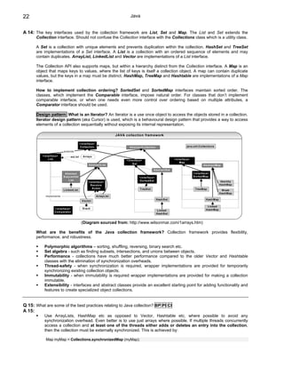 22                                                                                   Java


A 14: The key interfaces used by the collection framework are List, Set and Map. The List and Set extends the
      Collection interface. Should not confuse the Collection interface with the Collections class which is a utility class.

      A Set is a collection with unique elements and prevents duplication within the collection. HashSet and TreeSet
      are implementations of a Set interface. A List is a collection with an ordered sequence of elements and may
      contain duplicates. ArrayList, LinkedList and Vector are implementations of a List interface.

      The Collection API also supports maps, but within a hierarchy distinct from the Collection interface. A Map is an
      object that maps keys to values, where the list of keys is itself a collection object. A map can contain duplicate
      values, but the keys in a map must be distinct. HashMap, TreeMap and Hashtable are implementations of a Map
      interface.

      How to implement collection ordering? SortedSet and SortedMap interfaces maintain sorted order. The
      classes, which implement the Comparable interface, impose natural order. For classes that don’t implement
      comparable interface, or when one needs even more control over ordering based on multiple attributes, a
      Comparator interface should be used.

      Design pattern: What is an Iterator? An Iterator is a use once object to access the objects stored in a collection.
      Iterator design pattern (aka Cursor) is used, which is a behavioural design pattern that provides a way to access
      elements of a collection sequentially without exposing its internal representation.

                                                                            JAVA collectio n fram ework

                                             < in terface>
                                              C o llectio n                         A b stractC o llectio n                          java.u til.C o llectio n s

                            ex tends
          < in terface>           asL ist       A rrays
                L ist                                                                                                      < in terface>
                                                                                  < in terface>
                                                                                                                                M ap
                                                     A b stractL ist                    S et
                                                                                                                                                    A b stractM ap
                                                                                                         A b stractS et
                             A b stract                                                                                                    < in terface>
                            S eq u en tial                                                  < in terface>                                  S o rted M ap
                                L ist                                                        S o rted S et
                                                     < in terface>                                                                                                   Id en tity
                                                       R an d o m                                                                                                   H ash M ap
                                                         A cess                              T reeS et                                       T reeM ap
                            L in ked L ist                                                                                                                            W eak
                                                                                                                                                                    H ash M ap
            im plements                                       A rrayL ist
                                                                                                              H ash S et                               H ash M ap
                                               V ecto r

                                                                                                                                                        L in ked
                    < in terface>              S tack                                                                                                  H ash M ap
                                                                                                               L in ked
                    C o m p arato r
                                                                                                              H ash S et


                                              (Diagram sourced from: http://www.wilsonmar.com/1arrays.htm)

      What are the benefits of the Java collection framework? Collection framework provides flexibility,
      performance, and robustness.

           Polymorphic algorithms – sorting, shuffling, reversing, binary search etc.
           Set algebra - such as finding subsets, intersections, and unions between objects.
           Performance - collections have much better performance compared to the older Vector and Hashtable
           classes with the elimination of synchronization overheads.
           Thread-safety - when synchronization is required, wrapper implementations are provided for temporarily
           synchronizing existing collection objects.
           Immutability - when immutability is required wrapper implementations are provided for making a collection
           immutable.
           Extensibility - interfaces and abstract classes provide an excellent starting point for adding functionality and
           features to create specialized object collections.


Q 15: What are some of the best practices relating to Java collection? BP PI CI
A 15:
           Use ArrayLists, HashMap etc as opposed to Vector, Hashtable etc, where possible to avoid any
           synchronization overhead. Even better is to use just arrays where possible. If multiple threads concurrently
           access a collection and at least one of the threads either adds or deletes an entry into the collection,
           then the collection must be externally synchronized. This is achieved by:

             Map myMap = Collections.synchronizedMap (myMap);
 