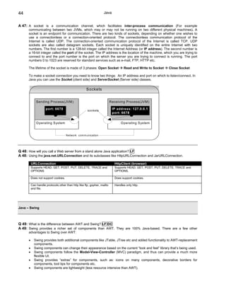 44                                                                 Java


A 47: A socket is a communication channel, which facilitates inter-process communication (For example
      communicating between two JVMs, which may or may not be running on two different physical machines). A
      socket is an endpoint for communication. There are two kinds of sockets, depending on whether one wishes to
      use a connectionless or a connection-oriented protocol. The connectionless communication protocol of the
      Internet is called UDP. The connection-oriented communication protocol of the Internet is called TCP. UDP
      sockets are also called datagram sockets. Each socket is uniquely identified on the entire Internet with two
      numbers. The first number is a 128-bit integer called the Internet Address (or IP address). The second number is
      a 16-bit integer called the port of the socket. The IP address is the location of the machine, which you are trying to
      connect to and the port number is the port on which the server you are trying to connect is running. The port
      numbers 0 to 1023 are reserved for standard services such as e-mail, FTP, HTTP etc.

      The lifetime of the socket is made of 3 phases: Open Socket                  Read and Write to Socket    Close Socket

      To make a socket connection you need to know two things: An IP address and port on which to listen/connect. In
      Java you can use the Socket (client side) and ServerSocket (Server side) classes.

                                                     Sockets


              Sending Process(JVM )                                       R eceiving Process(JVM )

                     port: 6678                       sockets
                                                                           IP address: 127.0.0.1
                                                                           port: 6678


              O perating System                                                  O perating System


                                      Network com m unication




Q 48: How will you call a Web server from a stand alone Java application? LF
A 48: Using the java.net.URLConnection and its subclasses like HttpURLConnection and JarURLConnection.

          URLConnection                                                      HttpClient (browser)
          Supports HEAD, GET, POST, PUT, DELETE, TRACE and                   Supports HEAD, GET, POST, PUT, DELETE, TRACE and
          OPTIONS                                                            OPTIONS.

          Does not support cookies.                                          Does support cookies.

          Can handle protocols other than http like ftp, gopher, mailto      Handles only http.
          and file.




Java – Swing



Q 49: What is the difference between AWT and Swing? LF DC
A 49: Swing provides a richer set of components than AWT. They are 100% Java-based. There are a few other
      advantages to Swing over AWT:

      •     Swing provides both additional components like JTable, JTree etc and added functionality to AWT-replacement
            components.
      •     Swing components can change their appearance based on the current “look and feel” library that’s being used.
      •     Swing components follow the Model-View-Controller (MVC) paradigm, and thus can provide a much more
            flexible UI.
      •     Swing provides “extras” for components, such as: icons on many components, decorative borders for
            components, tool tips for components etc.
      •     Swing components are lightweight (less resource intensive than AWT).
 