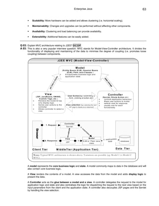 Enterprise Java                                                                                             63


           Scalability: More hardware can be added and allows clustering (i.e. horizontal scaling).

           Maintainability: Changes and upgrades can be performed without affecting other components.

           Availability: Clustering and load balancing can provide availability.

           Extensibility: Additional features can be easily added.


Q 03: Explain MVC architecture relating to J2EE? DC DP
A 03: This is also a very popular interview question. MVC stands for Model-View-Controller architecture. It divides the
      functionality of displaying and maintaining of the data to minimise the degree of coupling (i.e. promotes loose
      coupling) between components.

                                                    J 2 E E M V C (M o d e l-V ie w -C o n tro lle r)

                                                                                   M odel
                                                         (E n titiy B e a n s (E J B ), S e s s io n B e a n s
                                                                (E J B ), P la in J a v a C la s s e s )
                                                             E n c a p s u la te s b u s in e s s lo g ic a n d
                                                             a p p lic a tio n s ta te .
                                                  lay




                                                                                                                                           st
                                               isp




                                                                                                                                             at
                                           to d




                                                                                                                                               e
                                                                                                                                                ch
                                       ata




                                                                                                                                                  an
                                                                                                                                                    ge
                                     tD
                                   ge




                            V ie w                                                                                                                C o n tro lle r
              (J S P , J a v a B e a n s , S W IN G ,              U s e r A c tio n (e g : s u b m ittin g a
                                                                     fo rm , c lic k in g a b u tto n e tc )                             (S e rv le t, S tru ts A c tio n e tc )
                   C u s to m T a g s , e tc )                                                                                             c o n tro ls a p p lic a tio n b e h a v io u r
                  R e n d e rs th e m o d e l & h a s                                                                                      M a p s u s e r a c tio n s to m o d e l.
                  o n ly d is p la y lo g ic .                                                                                             s e le c ts v ie w fo r re s p o n s e .
                  S e n d s u s e r a c tio n s to th e         V ie w s e le c tio n ( e g :               s e le c tin g th e n e xt     u s u a lly o n e fo r e a c h
                  c o n tro lle r                                      JS P p a g e to d isp la y a s a re s p o n se )                    fu n c tio n a lity .
                  A llo w s c o n tro lle r to s e le c t a
                  v ie w .




                                                              C o n tro lle r
                              1. Request
                                                                S e rv le t                  2.
                                                                                                  in
                                                                                                       st
              Browser




                                                                                                            an
                                                                         ct
                                                                 4.redire




                                                                                                               t   ia
                                                                                                                     te
                                                                                                                          s

                                                               V ie w                                                     M odel
                                                                                                                                          3 . re a d /u p d a te
                             6. R esponse                                                5             E J B o r P la in J a v a                  d a ta               d a ta b a s e
                                                               JS P
                                                                                                                c la s s


           C lie n t T ie r                       M id d le T ie r (A p p lic a tio n T ie r)                                                                  D a ta T ie r

            N o te : T yp ical M V C arch itectu re is sh o w n ab o v e. V ariatio n s are p o ssib le (eg: M o d el 1 v s M o d el 2
            M VC)



      A model represents the core business logic and state. A model commonly maps to data in the database and will
      also contain core business logic.

      A View renders the contents of a model. A view accesses the data from the model and adds display logic to
      present the data.

      A Controller acts as the glue between a model and a view. A controller delegates the request to the model for
      application logic and state and also centralises the logic for dispatching the request to the next view based on the
      input parameters from the client and the application state. A controller also decouples JSP pages and the Servlet
      by handling the view selection.
 