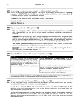 64                                                      Enterprise Java



Q 04: How to package a module, which is, shared by both the WEB and the EJB modules? SF
A 04: Package the modules shared by both WEB and EJB modules as dependency jar files. Define the Class-Path:
      property in the MANIFEST.MF file in the EJB jar and the Web war files to refer to the shared modules. [Refer Q7
      in Enterprise section for diagram: J2EE deployment structure].

      The MANIFEST.MF files in the EJB jar and WEB war modules should look like:

      Manifest-Version: 1.0
      Created-By: Apache Ant 1.5
      Class-Path: myAppsUtil.jar



Q 05: Why use design patterns in a J2EE application? DP
A 05:
          They have been proven. Patterns reflect the experience and knowledge of developers who have successfully
          used these patterns in their own work. It lets you leverage the collective experience of the development
          community.

          Example Session facade and value object patterns evolved from performance problems experienced due to
          multiple network calls to the EJB tier from the WEB tier. Fast lane reader and Data Access Object patterns
          exist for improving database access performance. The flyweight pattern improves application performance
          through object reuse (which minimises the overhead such as memory allocation, garbage collection etc).

          They provide common vocabulary. Patterns provide software designers with a common vocabulary. Ideas
          can be conveyed to developers using this common vocabulary and format.

          Example Should we use a Data Access Object (DAO)? How about using a Business Delegate? Should we
          use Value Objects to reduce network overhead? Etc.


Q 06: What is the difference between a Web server and an application server? SF
A 06:
        Web Server                                                 Application Server
        Supports HTTP protocol. When the Web server receives       Exposes business logic and dynamic content to the client
        an HTTP request, it responds with an HTTP response,        through various protocols such as HTTP, TCP/IP, IIOP, JRMP etc.
        such as sending back an HTML page (static content) or
        delegates the dynamic response generation to some
        other program such as CGI scripts or Servlets or JSPs in
        the application server.
        Uses various scalability and fault-tolerance techniques.   Uses various scalability and fault-tolerance techniques. In addition
                                                                   provides resource pooling, component life cycle management,
                                                                   transaction management, messaging, security etc.

                                                                   Provides services for components like Web container for servlet
                                                                   components and EJB container for EJB components.

      With the advent of XML Web services the line between application servers and Web servers is not clear-cut. By passing XML
      documents between request and response the Web server can behave like an application server.



Q 07: What are ear, war and jar files? What are J2EE Deployment Descriptors? SF
A 07: ear, war and jar are standard application deployment archive files. Since they are a standard, any application
      server (at least in theory) will know how to unpack and deploy them.

      An EAR file is a standard JAR file with an “.ear” extension, named from Enterprise ARchive file. A J2EE
      application with all of its modules is delivered in EAR file. JAR files can’t have other JAR files. But EAR and WAR
      (Web ARchive) files can have JAR files.

      An EAR file contains all the JARs and WARs belonging to an application. JAR files contain the EJB classes and
      WAR files contain the Web components (JSPs, static content (HTML, CSS, GIF etc), Servlets etc.). The J2EE
      application client's class files are also stored in a JAR file. EARs, JARs, and WARs all contain an XML-based
      deployment descriptor.
 