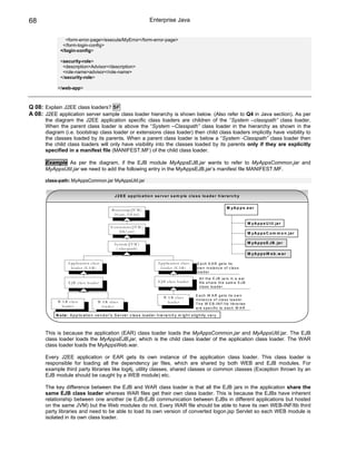 68                                                                              Enterprise Java


                 <form-error-page>/execute/MyError</form-error-page>
               </form-login-config>
              </login-config>

              <security-role>
               <description>Advisor</description>
               <role-name>advisor</role-name>
              </security-role>

            </web-app>



Q 08: Explain J2EE class loaders? SF
A 08: J2EE application server sample class loader hierarchy is shown below. (Also refer to Q4 in Java section). As per
      the diagram the J2EE application specific class loaders are children of the “System –classpath” class loader.
      When the parent class loader is above the “System –Classpath” class loader in the hierarchy as shown in the
      diagram (i.e. bootstrap class loader or extensions class loader) then child class loaders implicitly have visibility to
      the classes loaded by its parents. When a parent class loader is below a “System -Classpath” class loader then
      the child class loaders will only have visibility into the classes loaded by its parents only if they are explicitly
      specified in a manifest file (MANIFEST.MF) of the child class loader.

      Example As per the diagram, if the EJB module MyAppsEJB.jar wants to refer to MyAppsCommon.jar and
      MyAppsUtil.jar we need to add the following entry in the MyAppsEJB.jar’s manifest file MANIFEST.MF.

      class-path: MyAppsCommon.jar MyAppsUtil.jar


                                                      J 2 E E a p p l ic a ti o n s e r v e r s a m p le c l a s s lo a d e r h ie r a r c h y


                                                                                                                                          M y A p p s .e a r
                                                    B oo tstr ap (JV M )
                                                     (r t.j ar , i1 8 .ja r )

                                                                                                                                                            M y A p p s U t il .ja r
                                                   E x te n sio n s(J V M )
                                                         (li b/ e xt)                                                                                       M y A p p s C o m m o n .j a r

                                                      S y stem (J V M )                                                                                     M y A p p s E J B . ja r
                                                       (- cl as sp ath)
                                                                                                                                                            M yA p p s W e b .w a r

                   A pp li ca tio n c la ss                                           A p p lic atio n cl as s     E a c h E A R g e ts its
                     lo ad e r (E A R )                                                 l oa d e r (E A R )        o w n in s ta n c e o f c la s s
                                                                                                                   lo a d e r
                                                                                                                     A ll th e E J B ja rs in a e a r
                    E J B c la ss lo a d e r                                          E J B c la ss l oa d er        file s h a re th e s a m e E J B
                                                                                                                     c la s s lo a d e r.

                                                                                                                   E a c h W A R g e ts its o w n
                                                                                          W A R c las s
                                                                                                                   in s ta n c e o f c la s s lo a d e r.
            W A R c la ss                  W A R cl as s                                    lo ad e r              T h e W E B -IN F /lib lib ra rie s
              lo ad e r                      l oa d e r                                                            a re s p e c ific to e a c h W A R

           N o t e : A p p lic a t io n v e n d o r's S e r v e r c la s s lo a d e r h ie r a rc h y m ig h t s lig h tly v a r y
           .


      This is because the application (EAR) class loader loads the MyAppsCommon.jar and MyAppsUtil.jar. The EJB
      class loader loads the MyAppsEJB.jar, which is the child class loader of the application class loader. The WAR
      class loader loads the MyAppsWeb.war.

      Every J2EE application or EAR gets its own instance of the application class loader. This class loader is
      responsible for loading all the dependency jar files, which are shared by both WEB and EJB modules. For
      example third party libraries like log4j, utility classes, shared classes or common classes (Exception thrown by an
      EJB module should be caught by a WEB module) etc.

      The key difference between the EJB and WAR class loader is that all the EJB jars in the application share the
      same EJB class loader whereas WAR files get their own class loader. This is because the EJBs have inherent
      relationship between one another (ie EJB-EJB communication between EJBs in different applications but hosted
      on the same JVM) but the Web modules do not. Every WAR file should be able to have its own WEB-INF/lib third
      party libraries and need to be able to load its own version of converted logon.jsp Servlet so each WEB module is
      isolated in its own class loader.
 