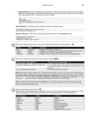 Enterprise Java                                                               79


            Scriptlet Elements: are the embedded Java statements, which get executed as part of the service method.
            (Note: Not recommended to use Scriptlet elements because they don’t provide reusability and maintainability.
            Use custom tags (like JSTL, JSF tags, etc) or beans instead).

             <%
             //Java codes
             String userName=null;
             userName=request.getParameter("userName");
             %>

       Action Elements: A JSP element that provides information for execution phase.

       <jsp:useBean id="object_name" class="class_name"/>
       <jsp:include page="scripts/login.jsp" />

       Directive Elements: A JSP element that provides global information for the translation phase.

       <%@ page import=”java.util.Date” %>
       <%@ include file=”myJSP” %>
       <%@ taglib uri=”tagliburi” prefix=”myTag”%>



Q 30: What are the different scope values or what are the different scope values for <jsp:usebean> ? SF
A 30:
        Scope                  Object                 Comment
        Page                   PageContext            Available to the handling JSP page only.
        Request                Request                Available to the handling JSP page or Servlet and forwarded JSP page or Servlet.
        Session                Session                Available to any JSP Page or Servlet within the same session.
        Application            Application            Available to all the JSP pages and Servlets within the same Web Application.



Q 31: What are the differences between static and a dynamic include? SF DC
A 31:
        Static include <%@ include %>                                  Dynamic include <jsp:include …..>
        During the translation or compilation phase all the            The dynamically included JSP is compiled into a separate Servlet.
        included JSP pages are compiled into a single Servlet.         It is a separate resource, which gets to process the request, and
                                                                       the content generated by this resource is included in the JSP
                                                                       response.
        No run time performance overhead.                              Has run time performance overhead.

       Which one to use: Use “static includes” when a JSP page does not change very often. For the pages, which change frequently,
       use dynamic includes. JVM has a 64kb limit on the size of the method and the entire JSP page is rendered as a single method. If
       a JSP page is greater than 64kb, this probably indicates poor implementation. When this method reaches its limit of 64kb it
       throws an error. This error can be overcome by splitting the JSP files and including them dynamically (i.e. using
       <jsp:include…….>) because the dynamic includes generate separate JSP Servlet for each included file.

       Note: The “dynamic include” (jsp:include) has a flush attribute. This attribute indicates whether the buffer should be flushed
       before including the new content. In JSP 1.1 you will get an error if you omit this attribute. In JSP 1.2 you can omit this attribute
       because the flush attribute defaults to false.



Q 32: What are implicit objects and list them? SF
A 32: Implicit objects are the objects that are available for the use in JSP documents without being declared first. These
       objects are parsed by the JSP engine and inserted into the generated Servlet. The implicit objects are:

        Implicit object                       Scope                                 comment
        request                               Request                               request
        response                              Page                                  response
        pageContext                           Page                                  page environment
        session                               Session                               session
        application                           Application                           same as ServletContext
        out                                   Page                                  writing to the outputstream
        config                                Page                                  same as ServletConfig
        page                                  Page                                  this page’s Servlet
        exception                             Page                                  exception created on this page.
 