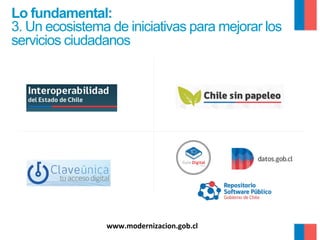 Lo fundamental:
3. Un ecosistema de iniciativas para mejorar los
servicios ciudadanos

www.modernizacion.gob.cl	
  

 