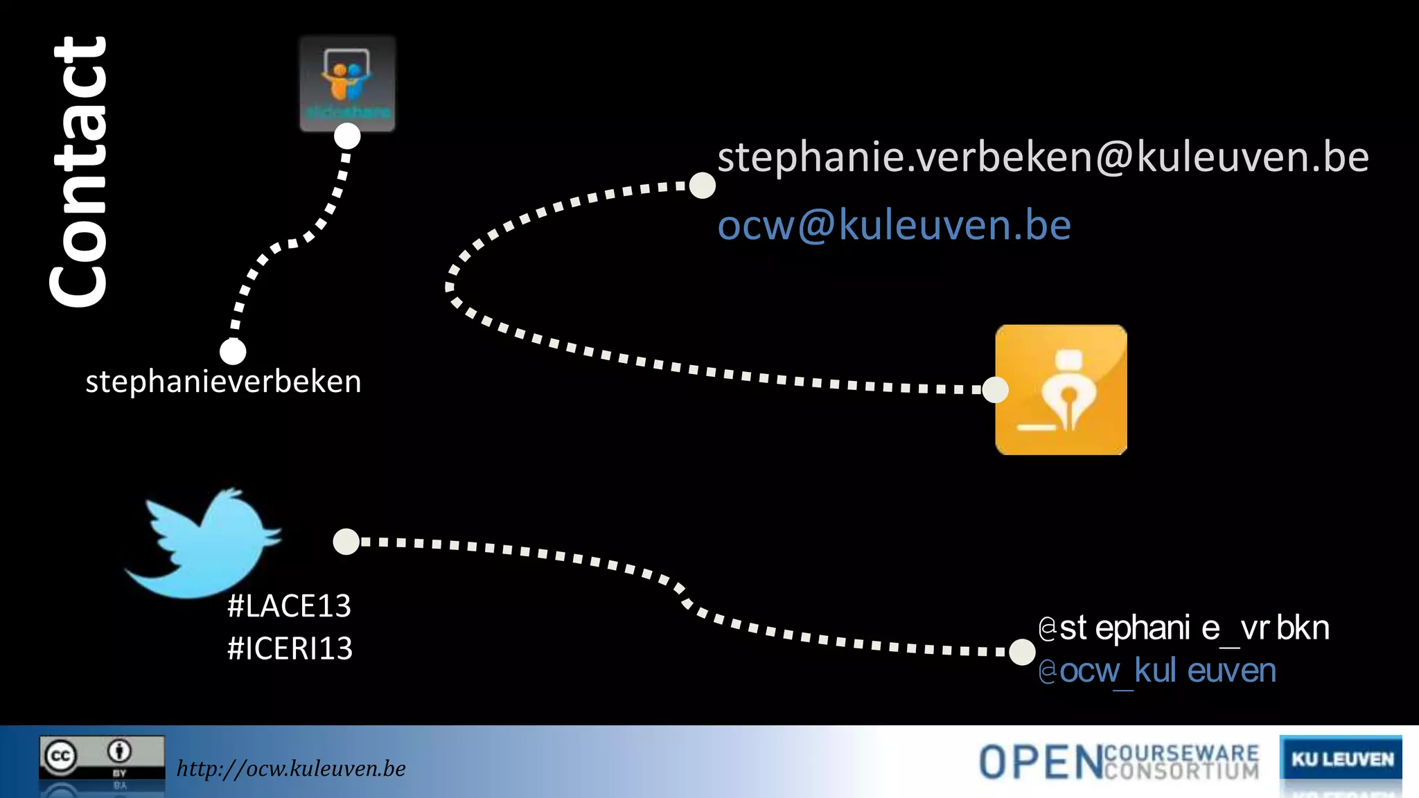 Contact

stephanie.verbeken@kuleuven.be
ocw@kuleuven.be

stephanieverbeken

#LACE13
#ICERI13
http://ocw.kuleuven.be

@st ephani e_vr bkn
@ocw
_kul euven

 
