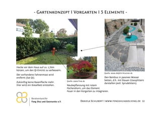 - Gartenkonzept I Vorgarten I 5 Elemente -

Hecke vor dem Haus auf ca. 1,70m
kürzen, um den Qi-Eintritt zu verbessern.
Quelle: www.delphin-brunnen.de

Der vorhandene Fahnenmast wird
entfernt (Sat Qi).
Zukünftig keine Rasenfläche mehr.
Hier wird ein Kieselbett entstehen.

26.11.2012

Quelle: www.frsw.de

Den Bambus in passives Wasser
betten, d.h. mit blauen Glassplittern
darstellen (evtl. Sprudelstein).

Neubepflanzung mit rotem
Fächerahorn, um das Element
Feuer in den Vorgarten zu integrieren.

Daniela Schubert I www.fengshuiandliving.de 12

 