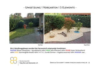 - Umsetzung I Vorgarten I 5 Elemente -

Vorher

Nachher

Die 5 Wandlungsphasen wurden hier harmonisch miteinander kombiniert:
WASSER [blaue Glassplitter + Sprudelstein] nährt HOLZ [alle Pflanzen] nährt FEUER [roter Fächerahorn]
nährt ERDE [sonnengelbe Kiesel] nährt METALL [runde Formen + Kugelaccessoires] nährt WASSER usw...

26.11.2012

Daniela Schubert I www.fengshuiandliving.de 13

 